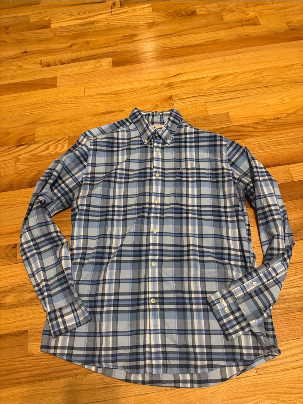 Barbour Light Blue and Navy Plaid Button-Down Shirt